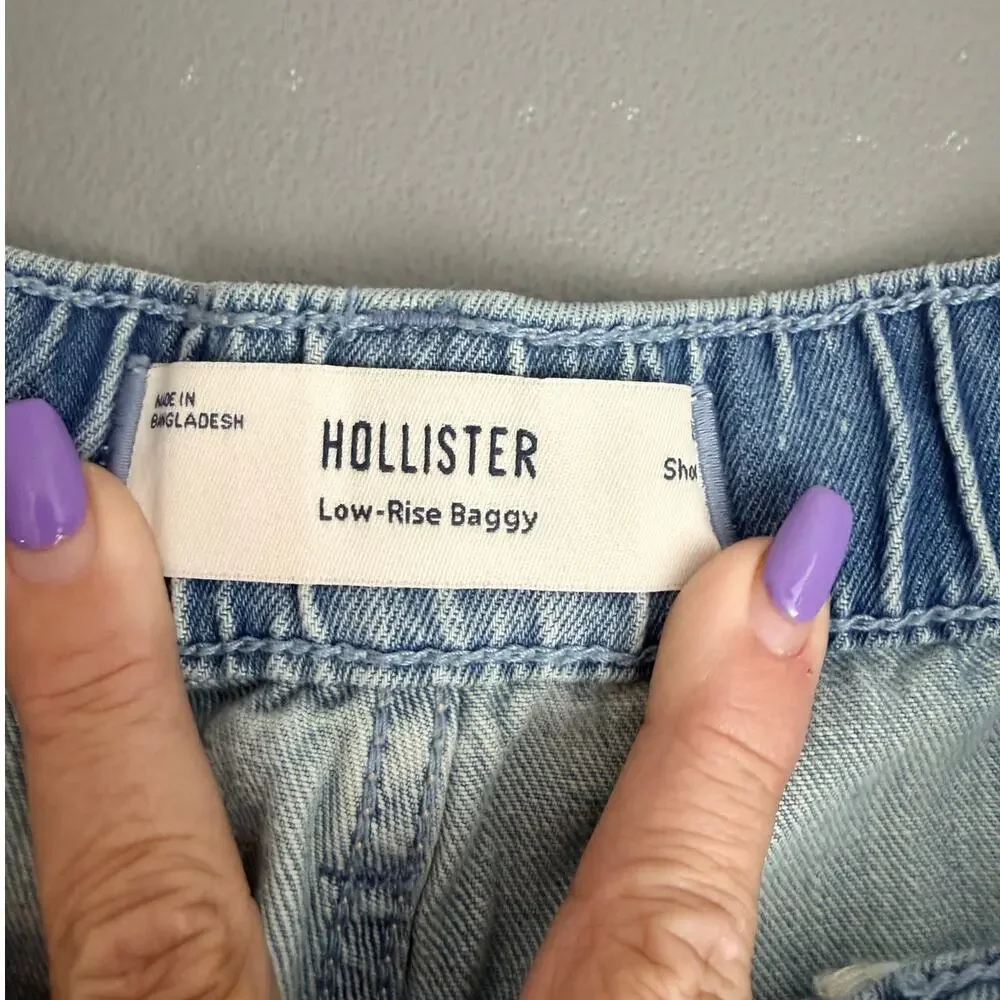 Hollister Low Rise Baggy Jeans M Short Light Wash Wide Leg Raw Hem